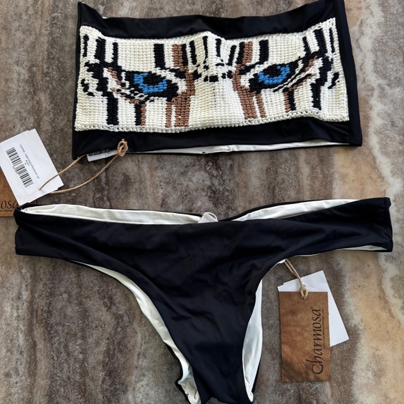 NWT- Charmosa Crocheted Tiger Eyes 2 Piece Brazilian Bikini Bandeaux Top - Picture 2 of 6